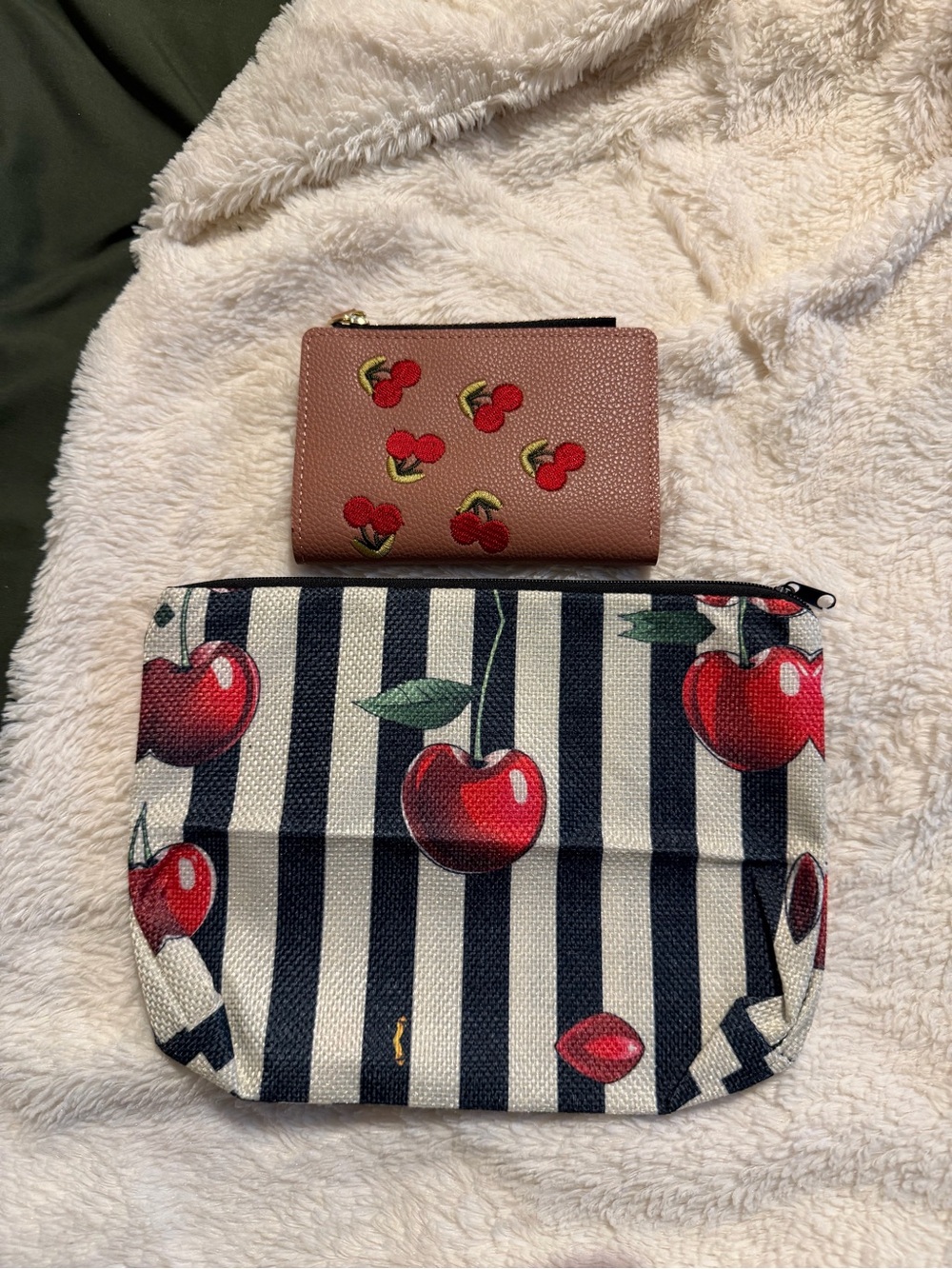 Cherry Embroidered Wallet and Pouch Set